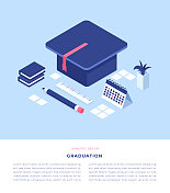 毕业概念等距3D插图