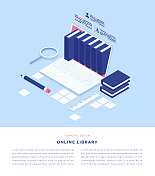 在线图书馆概念等距3D插图