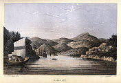 长崎的观点，日本在19世纪，船，海岸线，日本历史