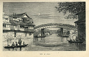 19世纪的日本大阪，船上的人，桥梁，日本历史，古董艺术