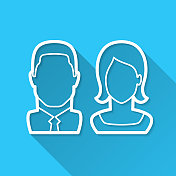商人和女人。图标在蓝色背景-平面设计与长阴影