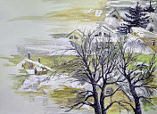 插图油画城市景观街道树木和房屋白雪覆盖的天空在绿色的背景下落下的雪花和天空
