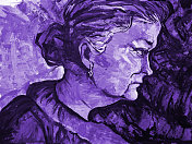 插图油画肖像侧面女人长发和光滑的发型与珠宝对紫色的背景