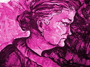 插图油画肖像侧面女人长发和光滑的发型与珠宝在耳朵对粉红色的背景