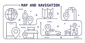 地图和导航矢量设计。设计是可编辑的，颜色可以改变。矢量创意图标集:导航，地图，Gps，位置，地址