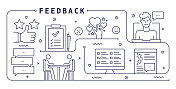 反馈向量设计。设计是可编辑的，颜色可以改变。创意图标的向量集:奖状，调查，评论，意见，反馈，满意度