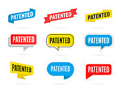 专利设置-横幅，语音气泡，标签，彩带，通知模板。矢量股票插图与文本