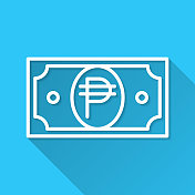 比索钞票。图标在蓝色背景-平面设计与长阴影