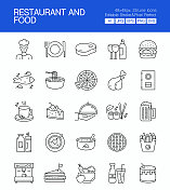 餐厅和食物细线矢量图标集。设计是可编辑的,颜色可以改变。矢量创意图标集:蛋糕,Fas食品,披萨,牛排,水,沙拉 餐厅和食物细线矢量图标集。设计是可编辑的,颜色可以改变。矢量创意图标集:蛋糕,Fas食品,披萨,牛排,水,沙拉