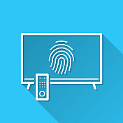 指纹电视。图标在蓝色背景-平面设计与长阴影