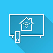 带智能家居的电视。图标在蓝色背景-平面设计与长阴影