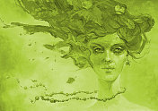 插图油画在一个女孩的绿色肖像与春天的叶子和成熟的浆果珠在天空的发型