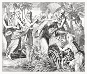 《摩西的发现》(出埃及记2)，木版，1860年出版