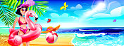 卡通风格的热带度假。年轻的女游客与充气火烈鸟游泳在夏季阳光明媚的海滩景观在一个阳光灿烂的日子。
