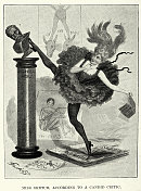 一个年轻女子歌舞女郎的老式插图漫画，在老主人踢米开朗基罗的雕像上跳舞