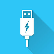 USB充电插头。图标在蓝色背景-平面设计与长阴影