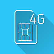 4G SIM卡。图标在蓝色背景-平面设计与长阴影