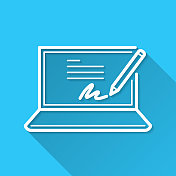 笔记本电脑电子签名。图标在蓝色背景-平面设计与长阴影 笔记本电脑电子签名。图标在蓝色背景-平面设计与长阴影