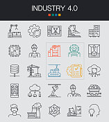 工业4.0线图标可编辑笔画。自动化，大数据，人工智能，机器学习，连接，电力，汽油