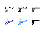 手枪图标。6不同的风格。可编辑的中风。