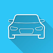 汽车前视图。图标在蓝色背景-平面设计与长阴影 汽车前视图。图标在蓝色背景-平面设计与长阴影