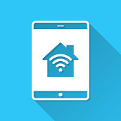 平板电脑与智能家居。图标在蓝色背景-平面设计与长阴影 平板电脑与智能家居。图标在蓝色背景-平面设计与长阴影