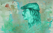 插图水彩肖像男子与长头发在帽子上的绿色背景