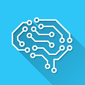 带电路板的人工智能大脑。图标在蓝色背景-平面设计与长阴影