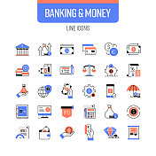 银行和货币线图标集。金融，投资，银行，贷款，资产