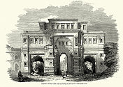 19世纪50年代，马哈拉施特拉邦科尔哈布尔，通往宫殿广场的旧门