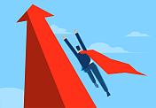 赢得成功，专业或技能的自我完善，领导者的影响力，穿着红斗篷的商人跟随上升的箭头走向天空
