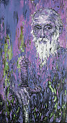 插图油画肖像，一个严格的老人与胡子剑在手紫色的背景