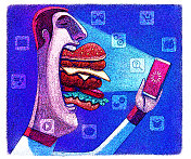 书呆子一边吃汉堡一边看智能手机