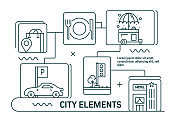 城市元素线图标。现代平面设计。矢量线图标。现成的横幅，书籍，宣传册，网页的设计。商店，咖啡馆，酒店，医院，地铁