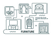 家具线图标。现代平面设计。矢量线图标。现成的横幅，书籍，宣传册，网页的设计。沙发，椅子，床，桌子，衣柜