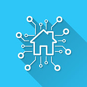 智能家居。图标在蓝色背景-平面设计与长阴影 智能家居。图标在蓝色背景-平面设计与长阴影