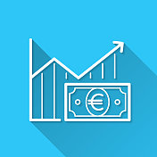 欧元钞票的增长图。图标在蓝色背景-平面设计与长阴影