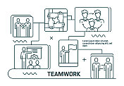 团队合作线路图标。现代平面设计。矢量线图标。现成的横幅，书籍，宣传册，网页的设计。合作、绩效、头脑风暴、领导力、人