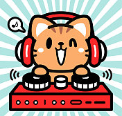 可爱的角色设计,一只小猫戴着耳机,在唱盘上演奏 可爱的角色设计,一只小猫戴着耳机,在唱盘上演奏