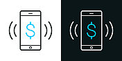 智能手机响着美元符号。黑色或白色背景上的双色线图标-可编辑的笔画