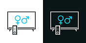 带有性别符号的电视。黑色或白色背景上的双色线图标-可编辑的笔画