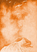 插图油画肖像人物的妇女形式的守护天使与翅膀保护她的孩子在深褐色的天空
