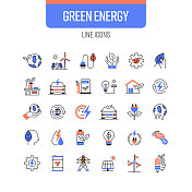 绿色能源线图标集。生态，可再生能源，电动汽车，生态友好型