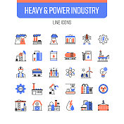 重型和电力工业线图标集。发电厂，电力，工厂，采矿，石油工业