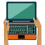 平面风格的无线技术概念。手拿着一个打开的笔记本电脑在一个孤立的白色背景。