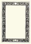 维多利亚时代晚期黑色金银丝边框的复古插图，装饰设计元素，精致的窗饰