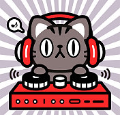 可爱的角色设计，一只小猫戴着耳机，在唱盘上演奏