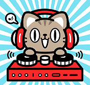 可爱的角色设计，一只小猫戴着耳机，在唱盘上演奏