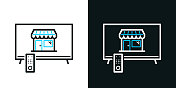 用电视在网上购物。黑色或白色背景上的双色线图标-可编辑的笔画