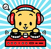 可爱的拉布拉多猎犬的角色设计戴着耳机,在唱盘上演奏 可爱的拉布拉多猎犬的角色设计戴着耳机,在唱盘上演奏